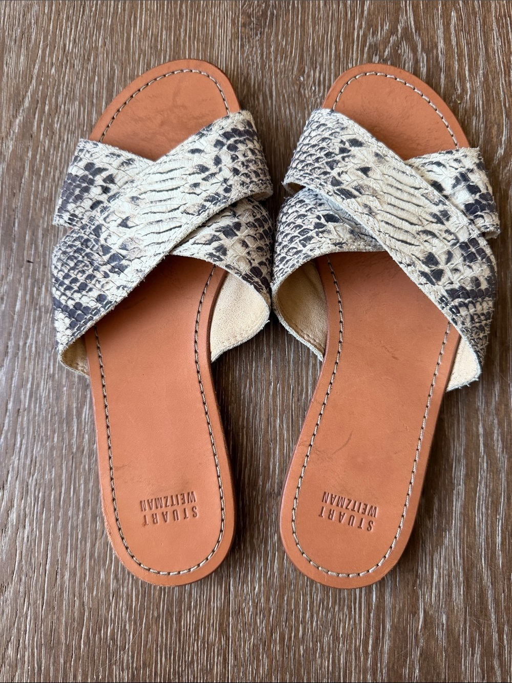 Stuart Weitzman Ivory and Black Snakeskin-Print Leather Slide Sandals